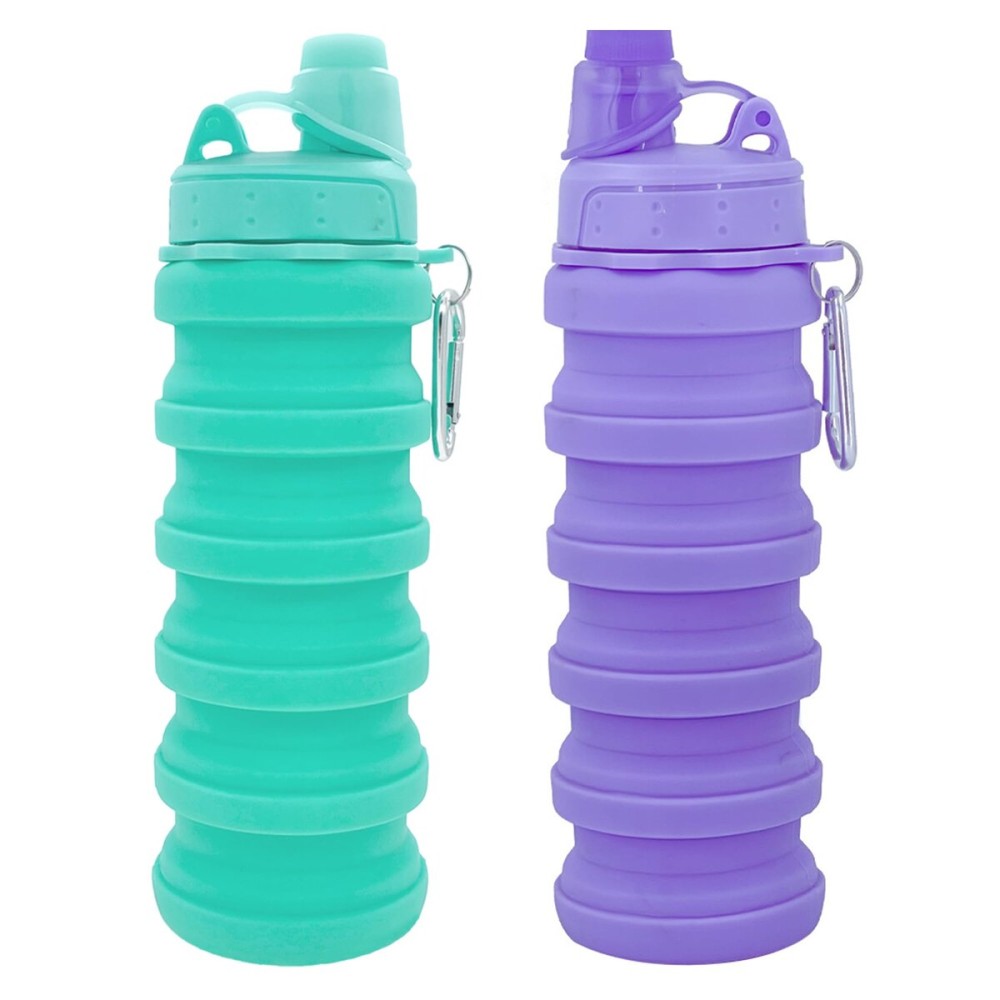 YCTMALL Collapsible Water Bottles Two Pack Travel Sports Portable Sport Water Bottle comes with mountaineering Buckle 506ml silicone Water-proof camping water bottle (Green and Purple Color)