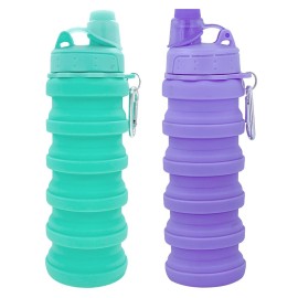 YCTMALL Collapsible Water Bottles Two Pack Travel Sports Portable Sport Water Bottle comes with mountaineering Buckle 506ml silicone Water-proof camping water bottle (Green and Purple Color)