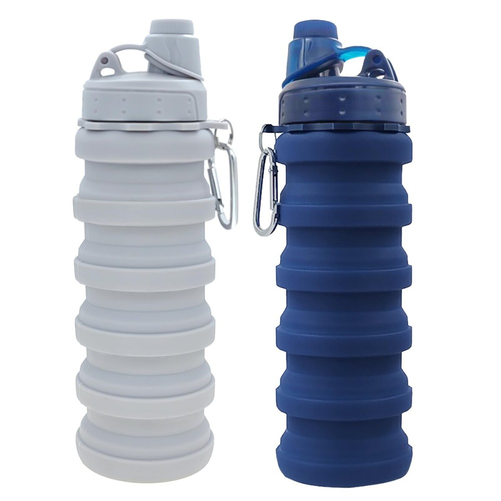 YCTMALL Collapsible Water Bottles Two Pack Travel Sports Portable Sport Water Bottle comes with mountaineering Buckle 503ml silicone Water-proof camping water bottle (Light grey and Dark blue Color)