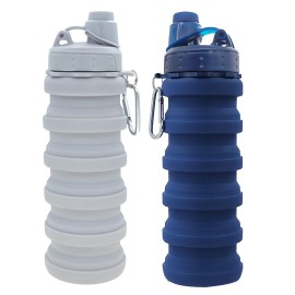 YCTMALL Collapsible Water Bottles Two Pack Travel Sports Portable Sport Water Bottle comes with mountaineering Buckle 503ml silicone Water-proof camping water bottle (Light grey and Dark blue Color)