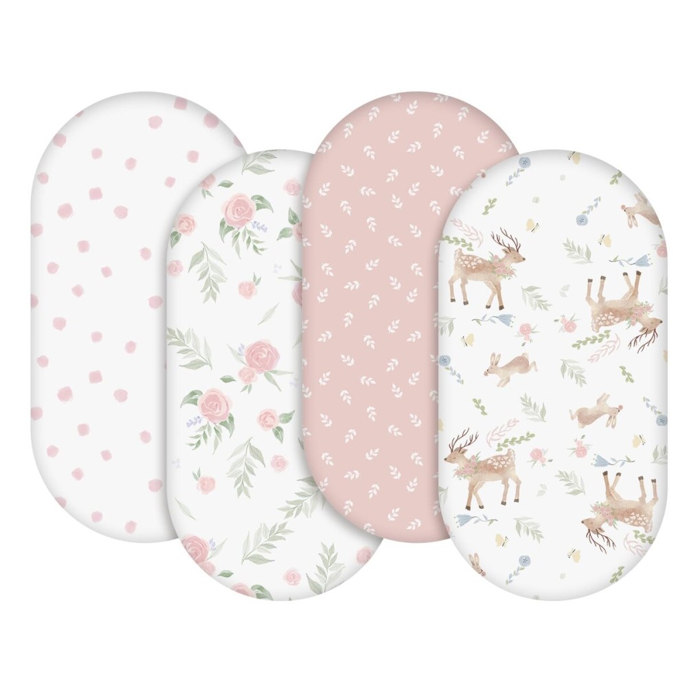 Gllquen Baby Bassinet Sheets 4 Pack, Breathable Cozy Fitted Mattress Sheet, Elastic Travel Crib Fashionable Floral Pattern, Standard Cradle Safe Sheets for Baby Boys Girls 32x16(Deer & Rose)