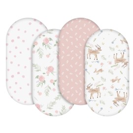 Gllquen Baby Bassinet Sheets 4 Pack, Breathable Cozy Fitted Mattress Sheet, Elastic Travel Crib Fashionable Floral Pattern, Standard Cradle Safe Sheets for Baby Boys Girls 32x16(Deer & Rose)