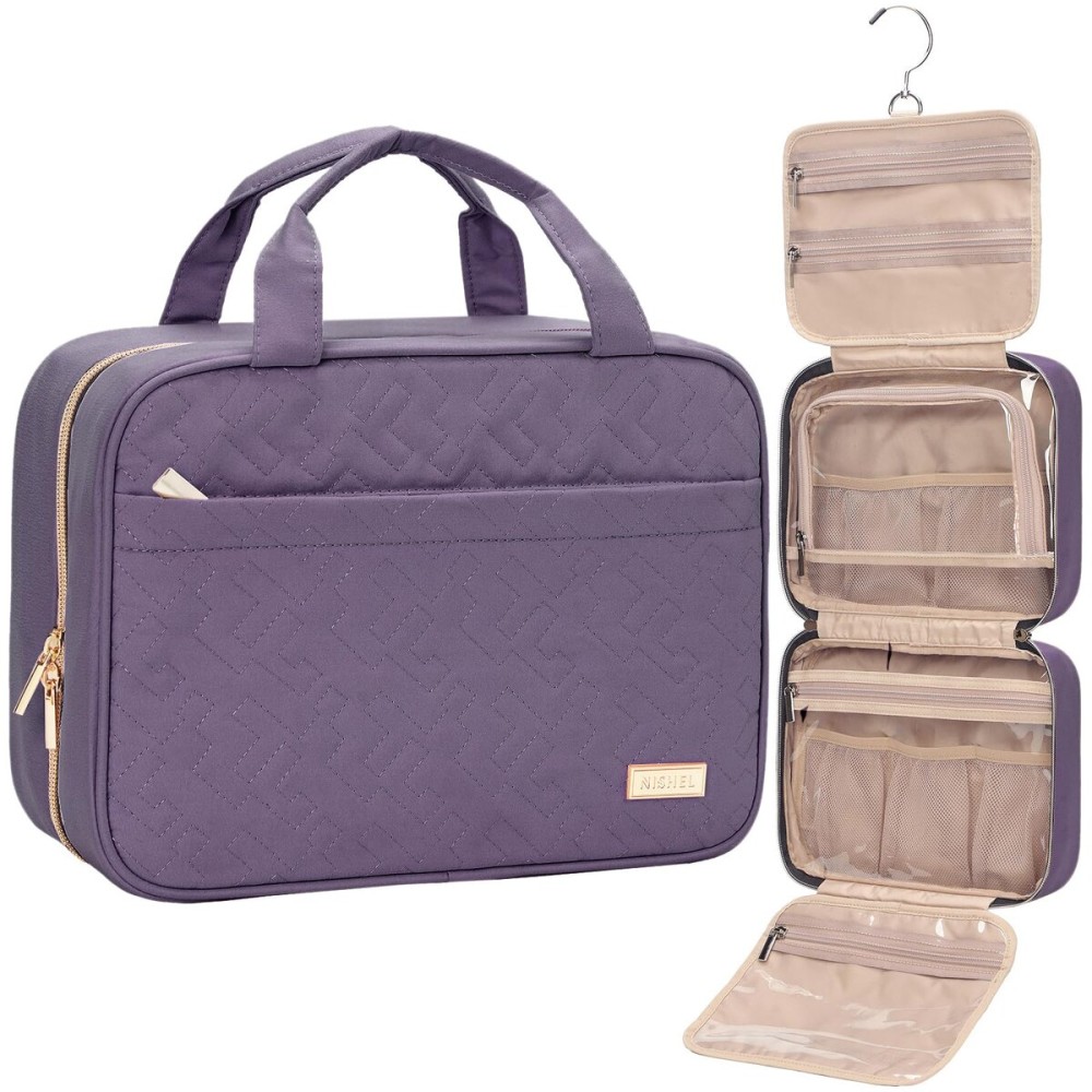 NISHEL Travel Toiletry Bag for women, Portable Hanging Organizer for Travel-Sized Shampoo, Conditioner, Brushes Set, Makeup Accessories, Medium Size, Purple