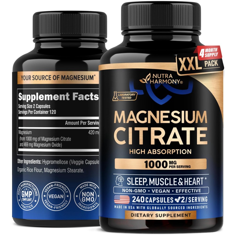 Magnesium Citrate Capsules 1000mg | High Absorption Supplement - Sleep, Muscle & Heart Support - Vegan | Non-GMO - Made in USA - As Powder | Pills | Tablets - 240 Capsules, 4 Month Supply