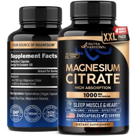 Magnesium Citrate Capsules 1000mg | High Absorption Supplement - Sleep, Muscle & Heart Support - Vegan | Non-GMO - Made in USA - As Powder | Pills | Tablets - 240 Capsules, 4 Month Supply