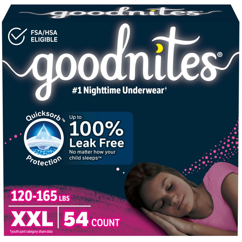 Goodnites Girls\' Nighttime Underwear, Size XXL (120-165 lbs), 54 Ct, Packaging May Vary