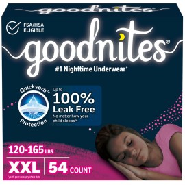 Goodnites Girls\' Nighttime Underwear, Size XXL (120-165 lbs), 54 Ct, Packaging May Vary