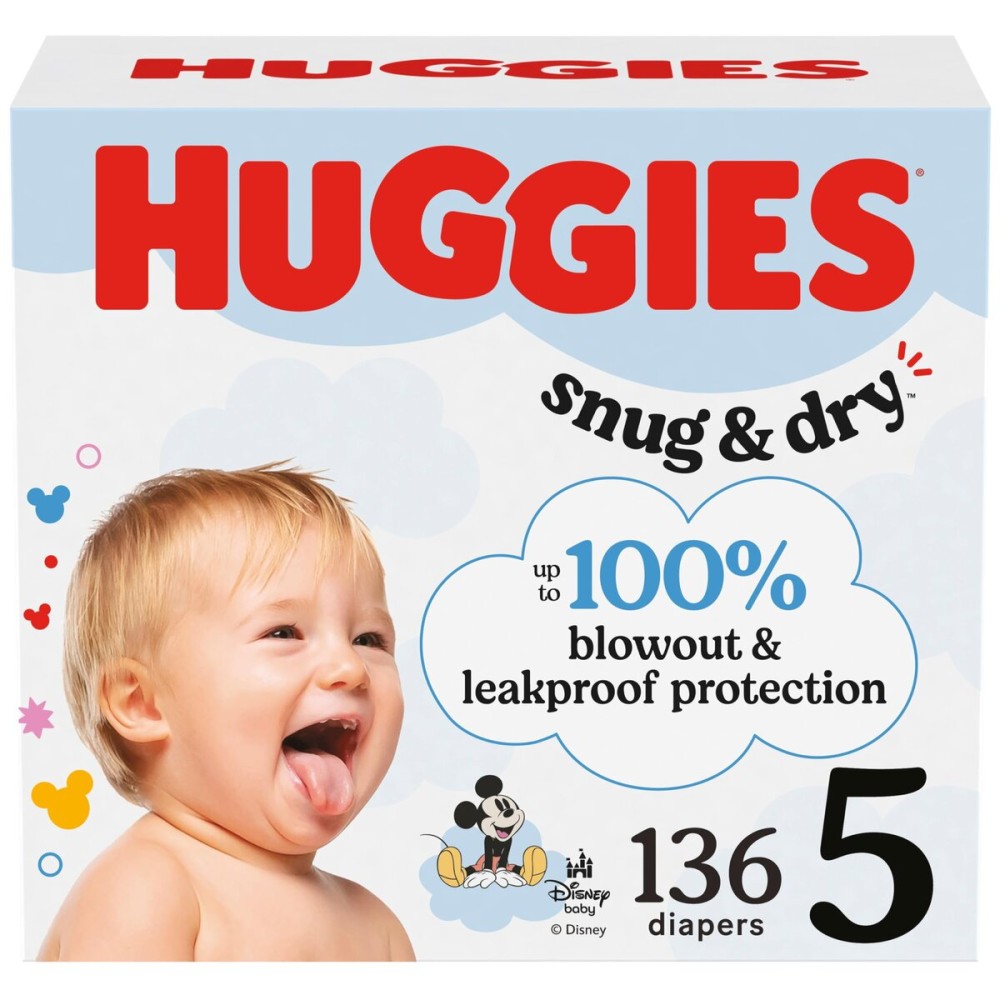 Huggies Size 5 Diapers, Snug & Dry Baby Diapers, Size 5 (27+ lbs), 136 Count, Packaging May Vary