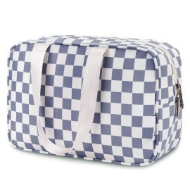 Narwey Large Toiletry Bag Women Large Cosmetic Bag Travel Makeup Bag Organizer Medicine Bag for Toiletries Essentials Accessories (Grayish Blue Checkerboard)