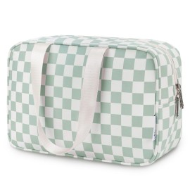 Narwey Large Checkered Travel Toiletry Bag Women Toiletries Bag Skincare Bag Makeup Bag with Handle Make up bag Organizer Cosmetic Bag Medicine Bag for Girls (Mint Green Checkerboard, Large)