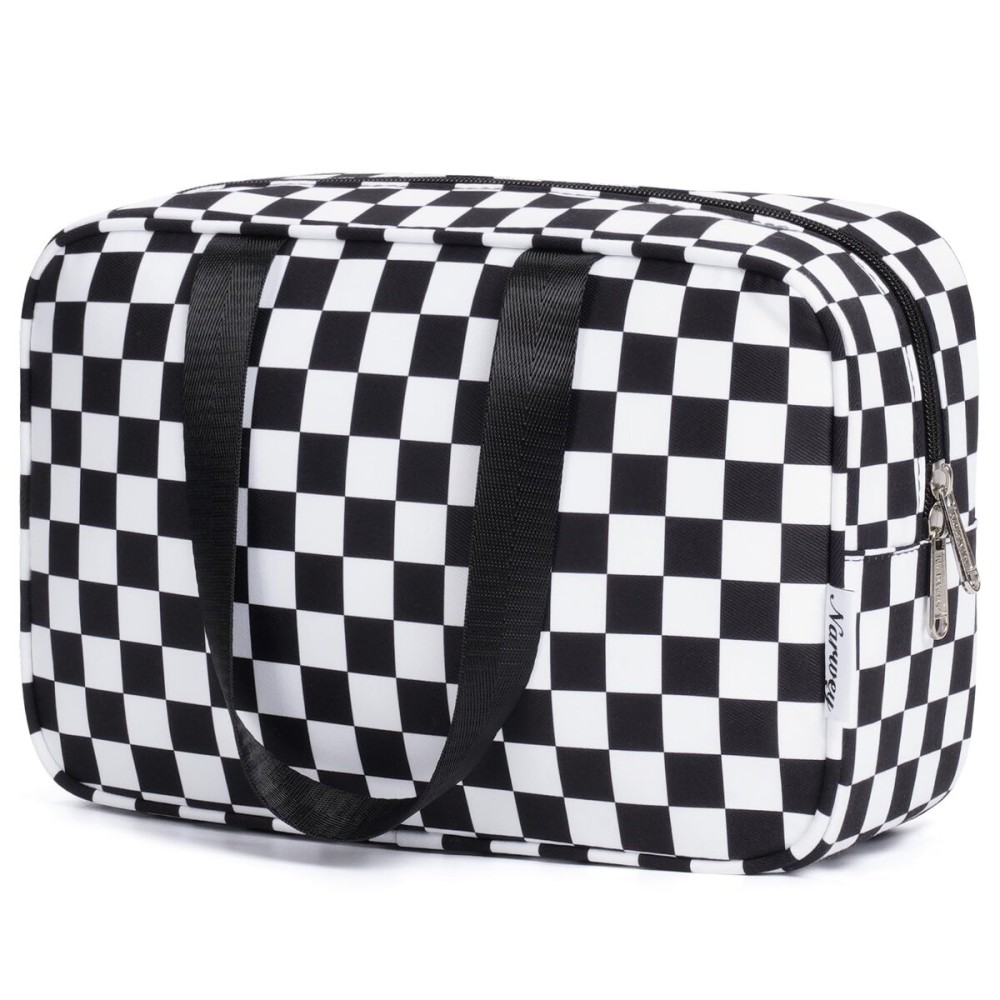 Narwey Large Toiletry Bag Women Cosmetic Bag Travel Makeup Bag Organizer Medicine Bag for Toiletries Essentials Accessories (Black Checkerboard, Large)