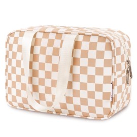 Narwey Large Checkered Travel Toiletry Bag Women Toiletries Bag Makeup Bag with Handle Make up bag Organizer Cosmetic Bag Medicine Bag for Girls (Light Checkerboard, Large)