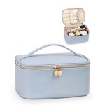 Prite Makeup Bag Portable Cosmetic Organizer with Brush Holder Waterproof Travel Toiletry Bag for Women with Handle and Divider (Blue)