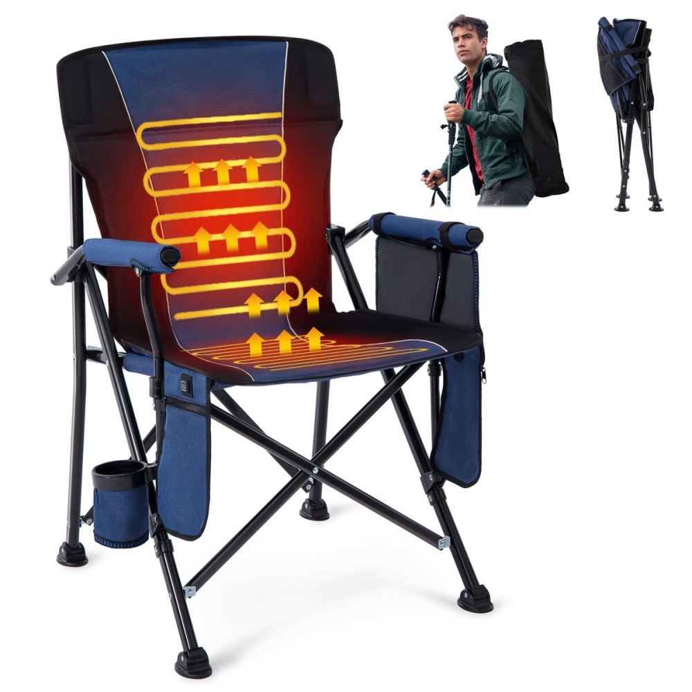 Homcosan Heated Camping Chair Outdoor Heated Folding Chairs with 3 Heat Levels for Back & Seat Portable Heated Lawn Chairs for Patio Outdoor (Blue-Regular)