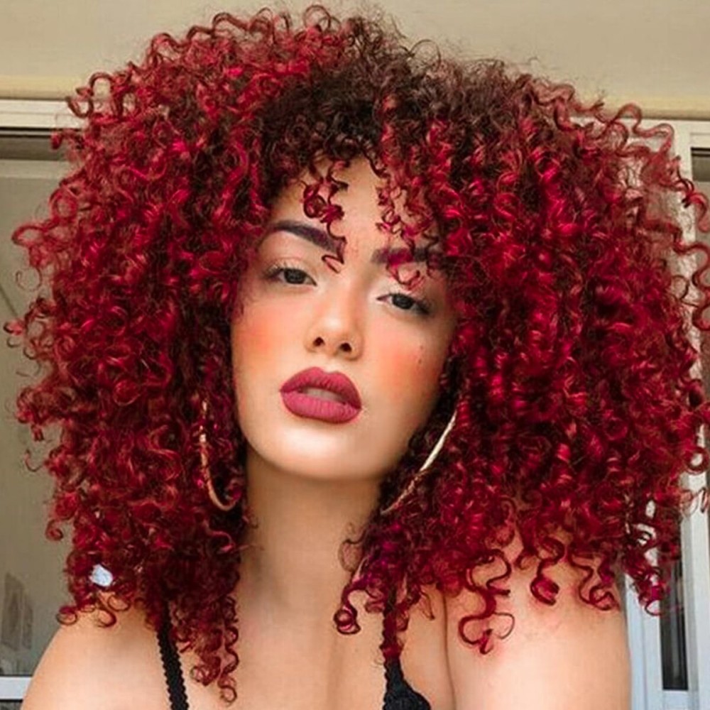 Xinran Omber Red Kinky Curly Wig Afro with Bangsred and black Afro 70s Wigs for WomenAfro Synthetic Full Wigs Soft and Fluffy Like a Bomb 14 Inches Short Curly Hair
