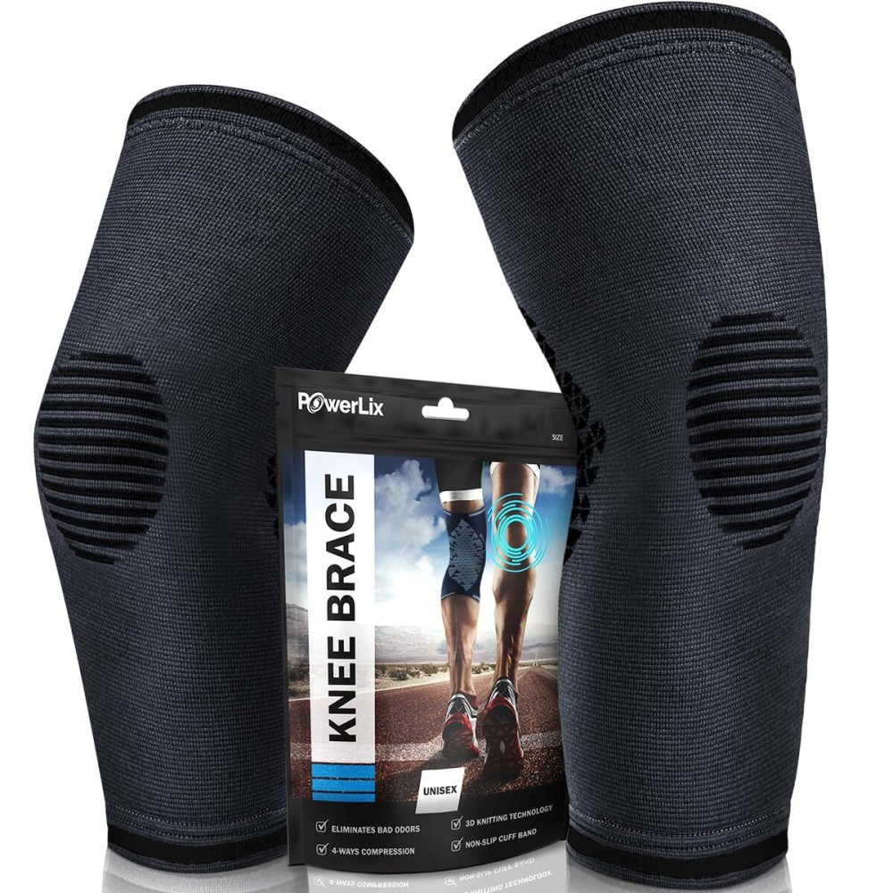 POWERLIX Knee Compression Sleeve (Pair) - Best Knee Brace for Knee Pain for Men & Women - Knee Support for Running, Basketball, Volleyball, Weightlifting, Gym, Workout, Sports