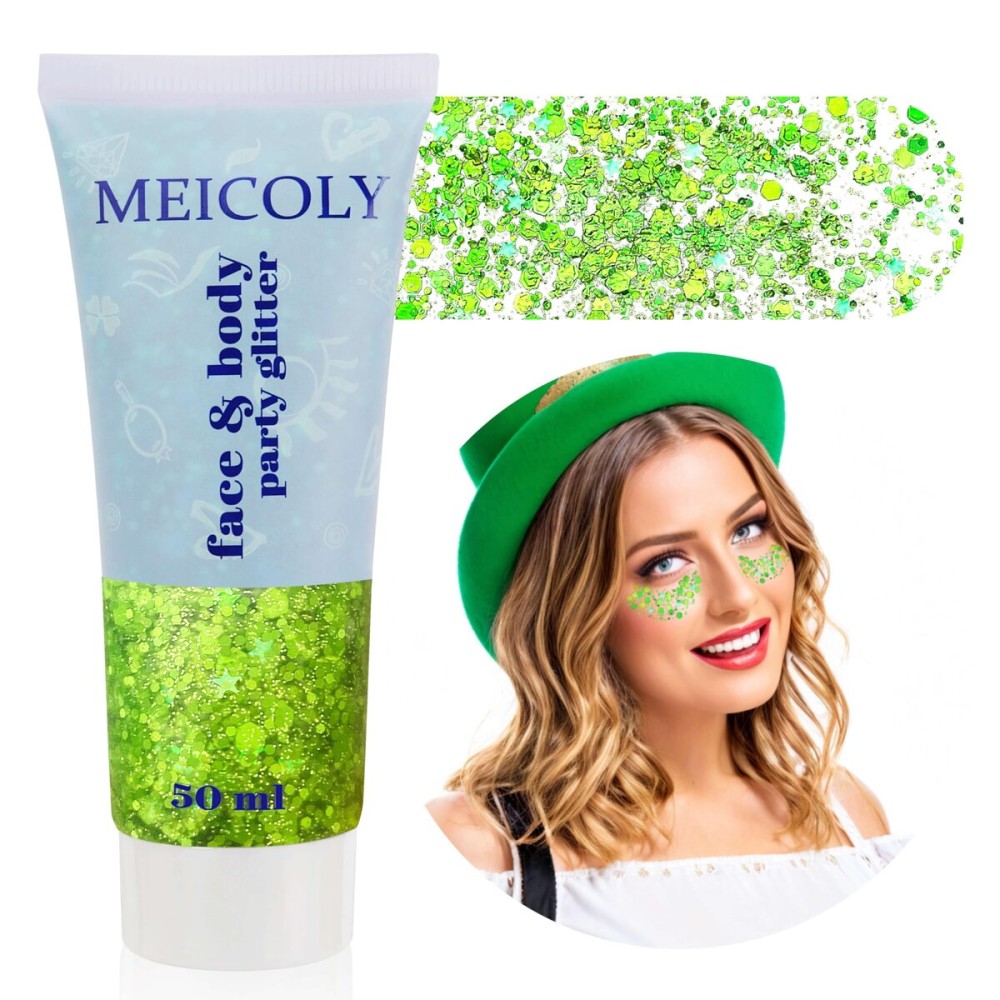 MEICOLY Lime Green Face Body Glitter,Christmas Face Glitter Stocking Stuffers,Light Green Body Glitter,St Patricks Day Accessories,Chunky Glitter Face Paint for Party Festival Halloween