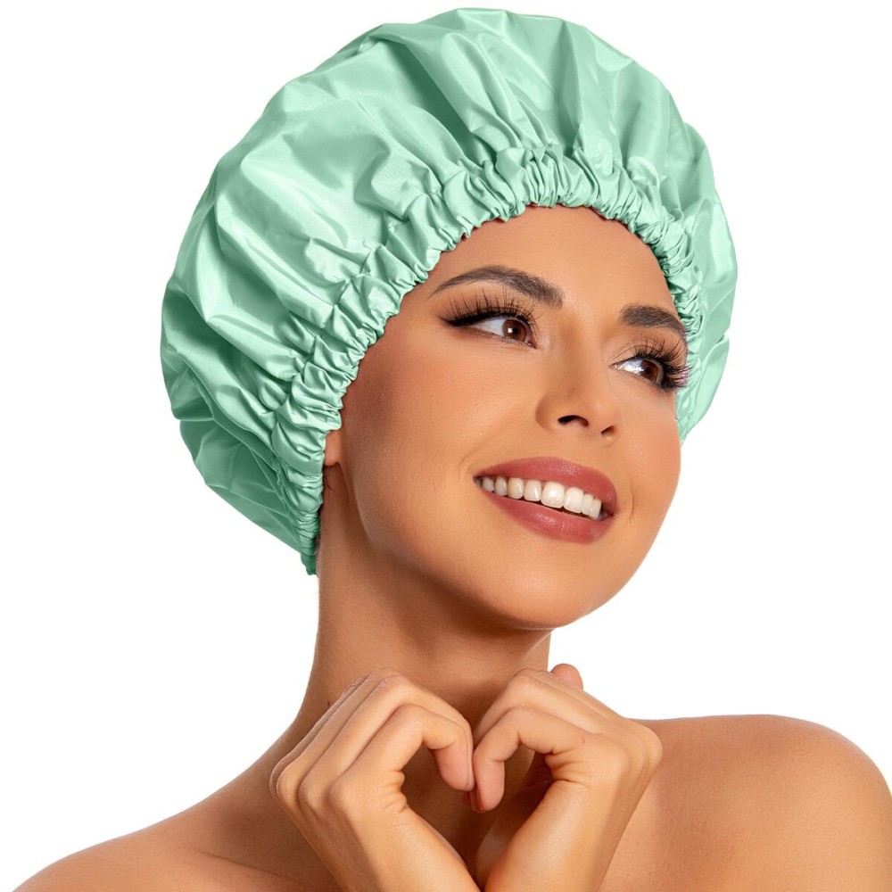 Reusable Shower Cap for Women, Large Waterproof Shower Essentials Bonnet Washable Elastic Band Bath Hair Wrap Hat for Long Hair, Braids(Green Bean)