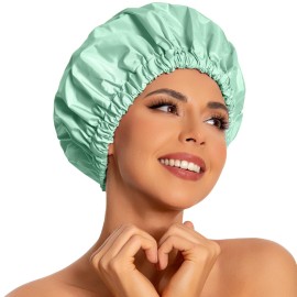 Reusable Shower Cap for Women, Large Waterproof Shower Essentials Bonnet Washable Elastic Band Bath Hair Wrap Hat for Long Hair, Braids(Green Bean)