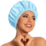Reusable Shower Cap for Women, Large Waterproof Shower Essentials Bonnet Washable Elastic Band Bath Hair Wrap Hat for Long Hair, Braids(Light Blue)