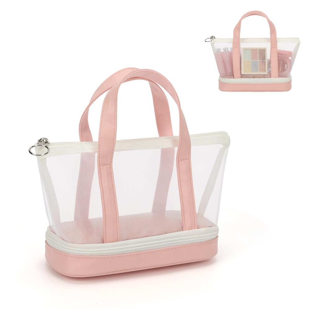 Small Multi-Functional Makeup Bag for Teens and Women Cute Cosmetic Case with Zipper Pouch/Double Handle for Travel Daily Use Multi-Scene Storage - Perfect Christmas or Birthday Gift for Girls - Pink