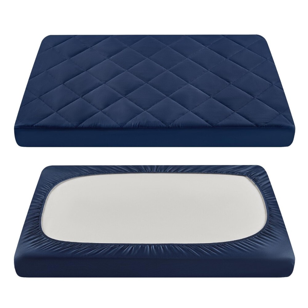 TILLYOU Pack and Play Sheets for Toddler Mattress, Mini Crib Sheets Fitted Up to 3 Deep, Breathable and Soft fit 39x27, Navy