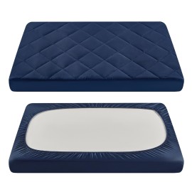 TILLYOU Pack and Play Sheets for Toddler Mattress, Mini Crib Sheets Fitted Up to 3 Deep, Breathable and Soft fit 39x27, Navy