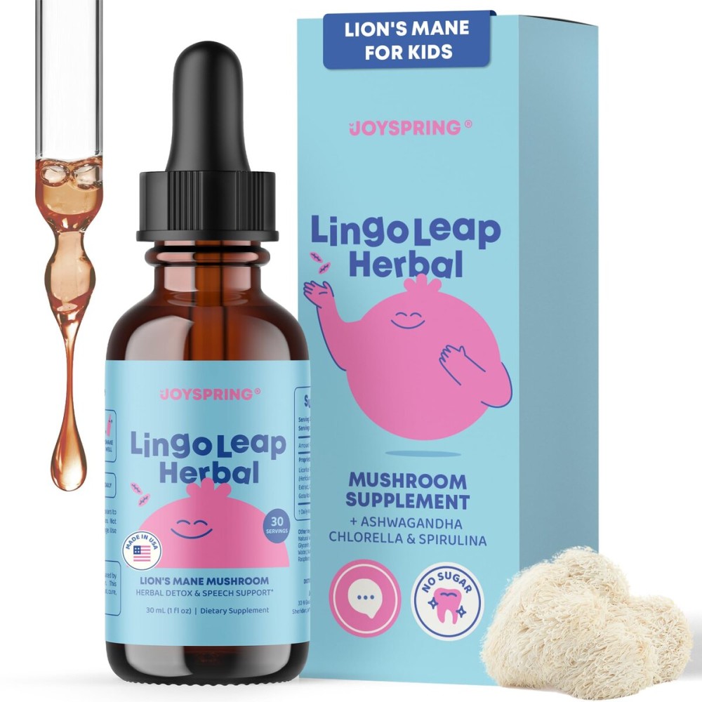 JoySpring Lions Mane for Kids | Speech Delay Supplement for Kids & Toddlers | Lions Mane Mushroom, Gotu Kola & Ashwagandha for Speech Therapy & Cognitive Support - Easy-Take Liquid | LingoLeap Herbal