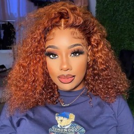GOLFMAX 8 Inch Curly Bob Wig Ginger Lace Front Wigs Human Hair Short Bob Wig Human Hair Water Wave 13x4 Transparent Lace Front Wigs Pre Plucked