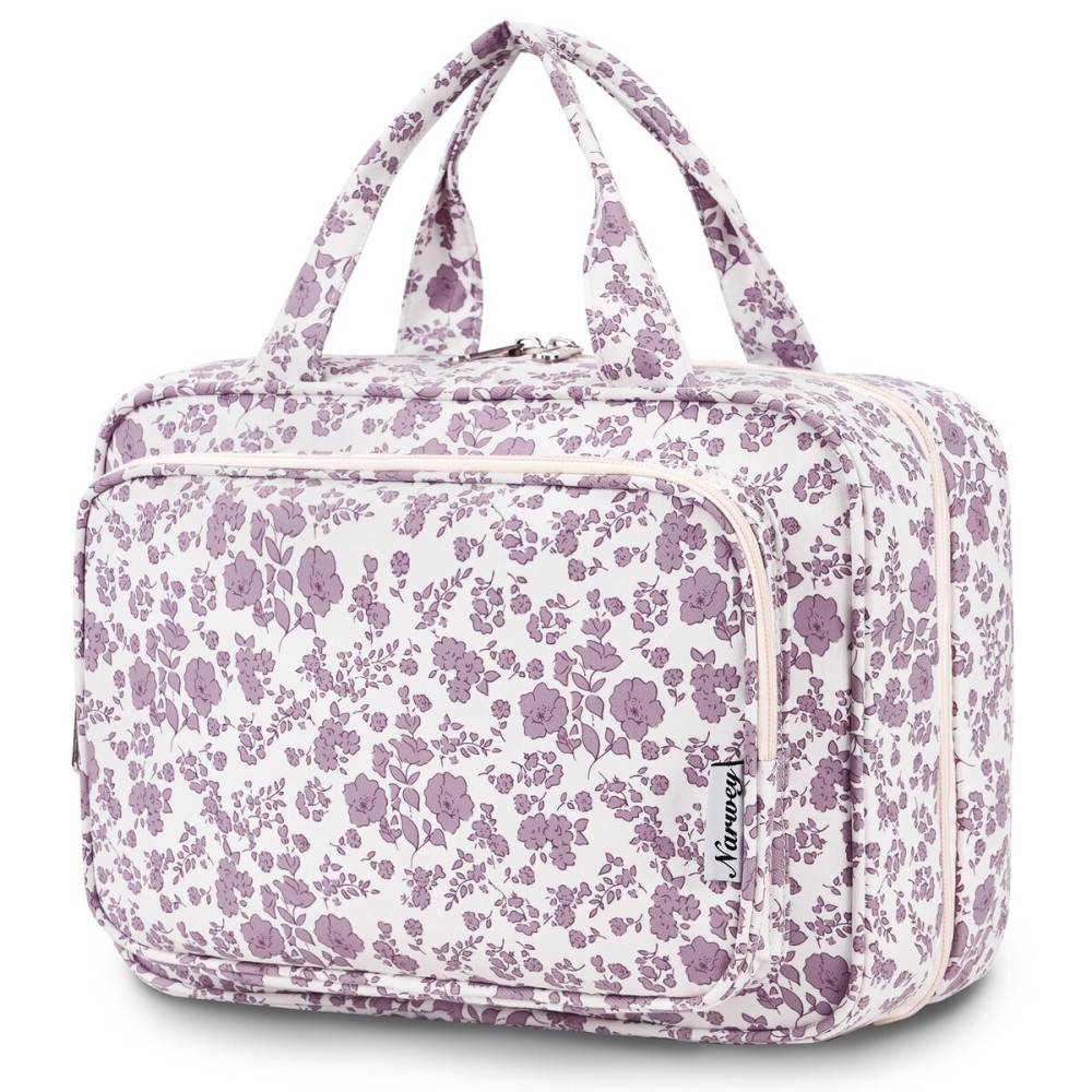 Travel Toiletry Bag for Women Large Hanging Makeup Bag Organizer Toiletries Bag for Full Size Essentials Accessories Cosmetics (Little Dusty Pink Flower (Large))