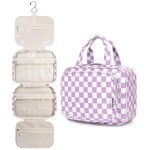 Narwey Hanging Toiletry Bag for Women Travel Makeup Bag Organizer Toiletries Bag for Travel Size Essentials Accessories Cosmetics (Purple Checkerboard (Medium))