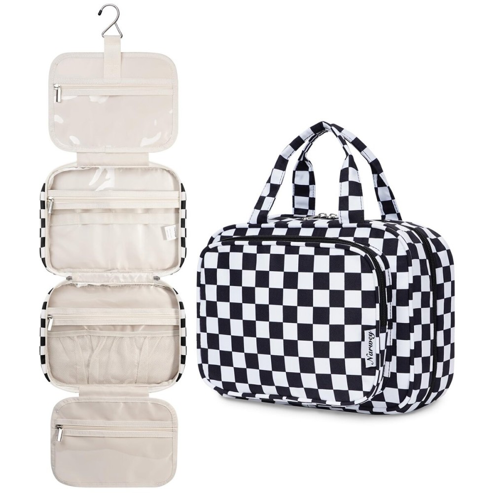Narwey Hanging Toiletry Bag for Women Travel Makeup Bag Organizer Toiletries Bag for Travel Size Essentials Accessories Cosmetics (Black Checkerboard (Medium))