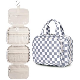 Narwey Hanging Toiletry Bag for Women Travel Makeup Bag Organizer Toiletries Bag for Travel Size Essentials Accessories Cosmetics (Grayish Blue Checkerboard (Medium))