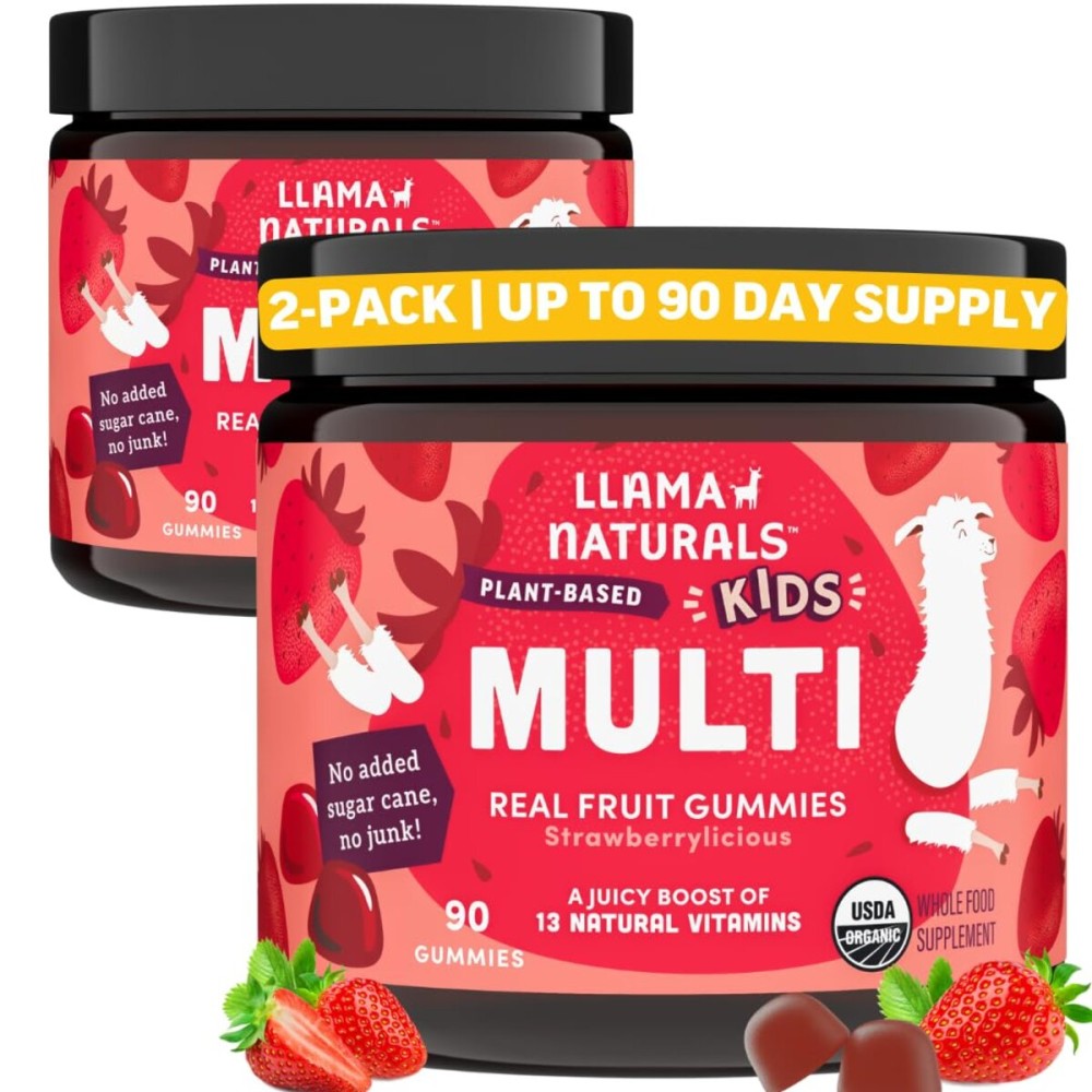 Llama Naturals Kids Multivitamin Gummies, Vegan, Organic with Vitamin D, C & K, Toddler Real Fruit Gummy Vitamins, Chewable Supplement, Whole Food Multivitamin, No Added Sugar Cane, Strawberry, 2 Pk