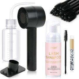 EMEDA Lash Shampoo Kit 2.02 fl oz Lash Cleaning Kit with Rechargeable Fan Dryer/Brush/Rinse Bottle, Oil-free Cleanser Wash for Extensions & Clusters & Natural Lashes, Cleaner for Eyelash Care(Black)