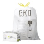 EKO 2.6 Gallon / 7-10 Liter, 80 Count Small Drawstring Trash Bags, Extra-Strong Unscented Garbage Bags, Easy-Dispense Roll for Kitchen & Household Use, Resists Tears, Leaks and Punctures, Code B White