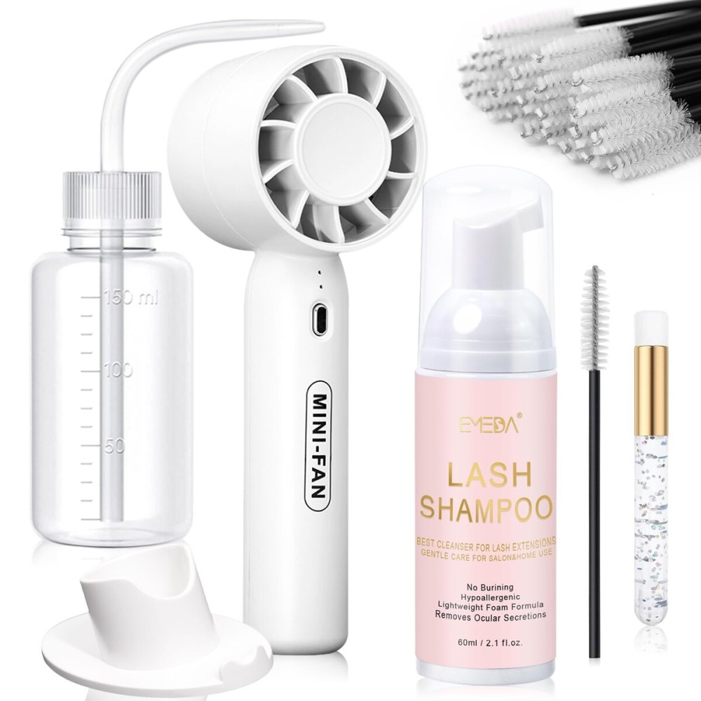 EMEDA Lash Shampoo Kit 2.02 fl oz Lash Cleaning Kit with Rechargeable Fan Dryer/Brush/Rinse Bottle, Oil-free Cleanser Wash for Extensions & Clusters & Natural Lashes, Cleaner for Eyelash Care(White)