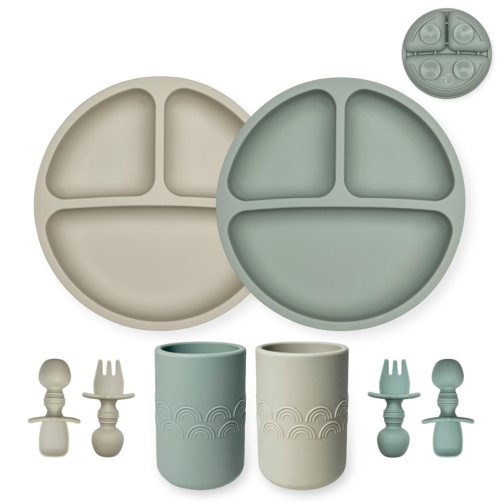 Hippypotamus Silicone Baby Feeding Set - Suction Toddler Plates, Weighted Toddler Cups & Baby-Safe Utensils - 100% Pure Food Grade Silicone - Set of 2 (Sage/Sand)