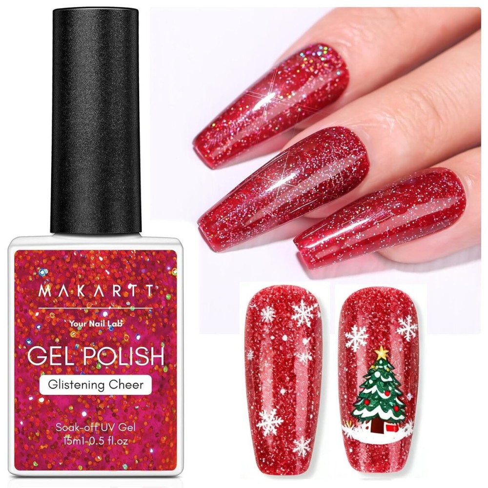 Makartt Christmas Red Glitter Gel Nail Polish - 15ml Sparkle Shimmer Soak Off UV Gel for Nail Art, Winter Manicure, New Year Shades, DIY Salon Gift for Women