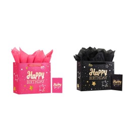 13 Pink + Black Happy Birthday Gift Bag with Tissue Paper and Greeting Card for Party,Happy Birthday Gift Bag for Men Women, Gift Bags Medium size(2 PCS Pink & Black)