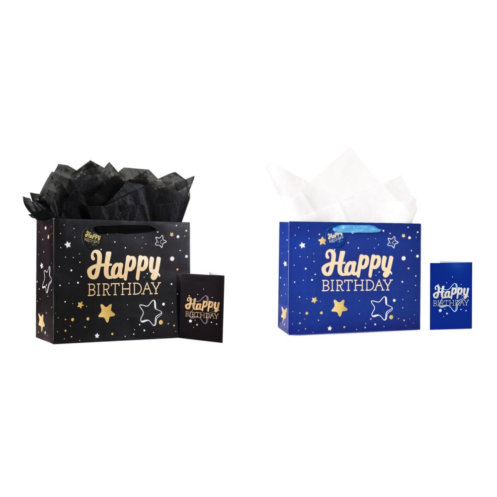 13 Black + Blue Happy Birthday Gift Bag with Tissue Paper and Greeting Card for Party,Happy Birthday Gift Bag for Men Women, Gift Bags Medium size(2 PCS Black & Blue)