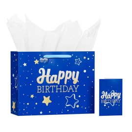 13 Blue Happy Birthday Gift Bag with Tissue Paper and Greeting Card for Party,Happy Birthday Gift Bag for Men Women,Gift Bags Medium size(1 PCS Blue Hot Stamping)