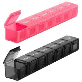 Sukuos Extra Large Weekly Pill Organizer 2 Pcs, Daily Pill Box 7 Day Medicine Cases for Vitamin, Fish Oils or Supplements, Easy to Clean (Black&Pink)