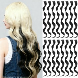 TOFAFA 16 Pcs Colored Hair Extensions Curly Wavy Clip in Synthetic Hair Extensions,Colorful Party Highlights Hairpiece Streak for Girls Women Kids Christmas New Year Cosplay Favors Gift(Black)