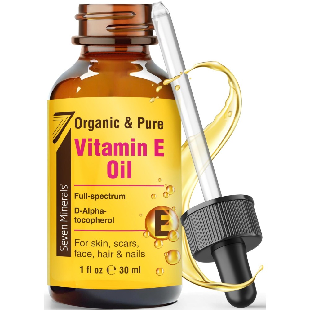 Seven Minerals Ultra Pure Vitamin E Oil - Full-Spectrum D-Alpha Tocopherol, 1 Fl Oz - 100% Organic Vitamin E Oil for Skin, Face, Hair, and Scars - Naturally Occurring = Not Synthetic