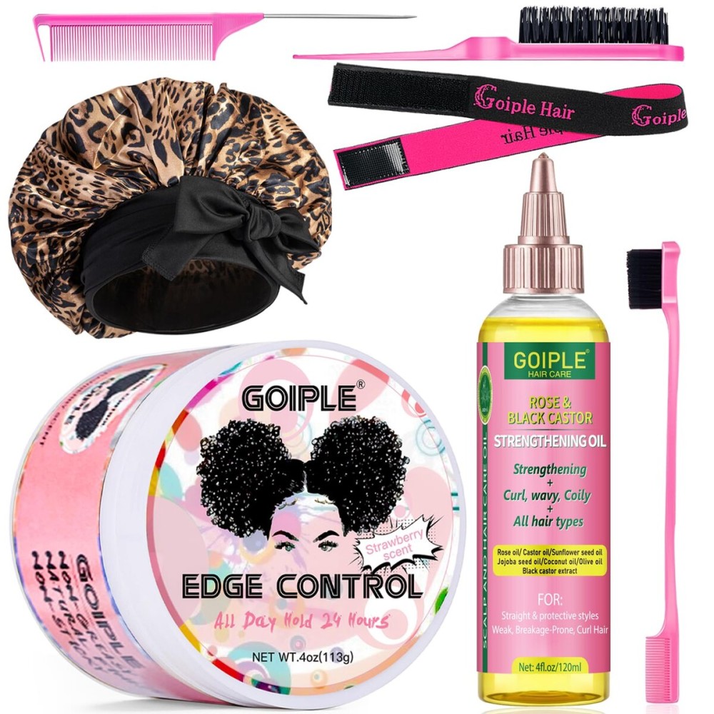 Edge Control Wax for Women Strong Hold - Edge Smoother Edge Wax Styling Gel Edge Control Wax for Black Hair - Rose & Castor Hair Oil for Hair Growth Strengthening Hair Oil Briad Bonnet Brush Set