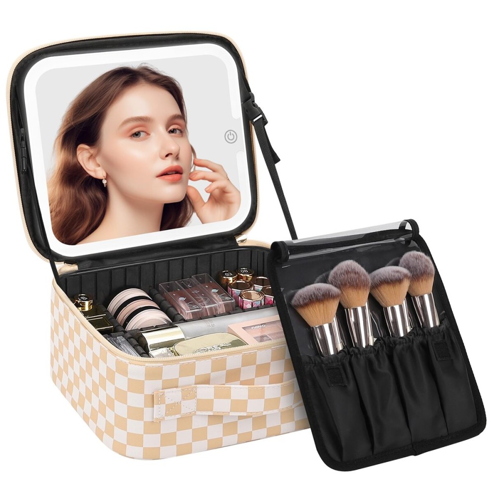 Chomeiu Makeup Bag with LED Mirror, Travel Makeup Case for Women and Makeup Artists Cosmetic Organizer Large Make Up Bags with Light Up Mirror, 3 Color Lights, Adjustable Dividers, Light Checkerboard
