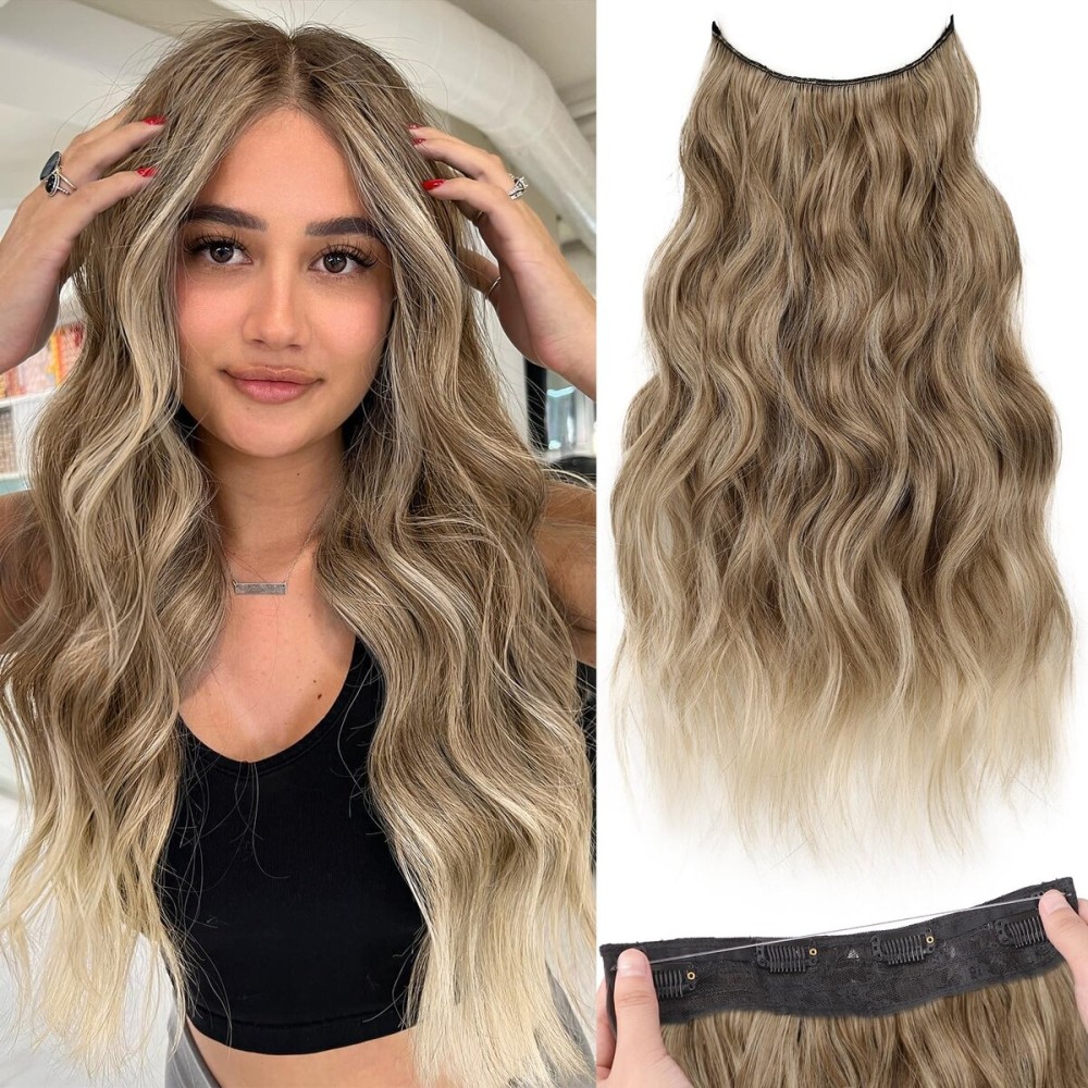 KooKaStyle Invisible Wire Hair Extensions with Transparent Wire Adjustable Size 4 Secure Clips Long Wavy Secret Synthetic Hairpiece 20 Inch for Women(Ash Brown mix Bleach Blonde)