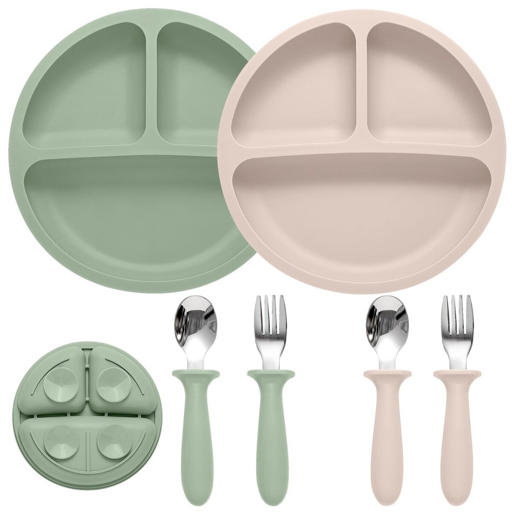 Eascrozn Baby Feeding Set, 2 Pack Silicone Baby Plates with Suction, 2 Pack Spoons and Forks Set for Toddler Utensils, BPA Free, Baby Led Weaning Supplies for Eating Essentials