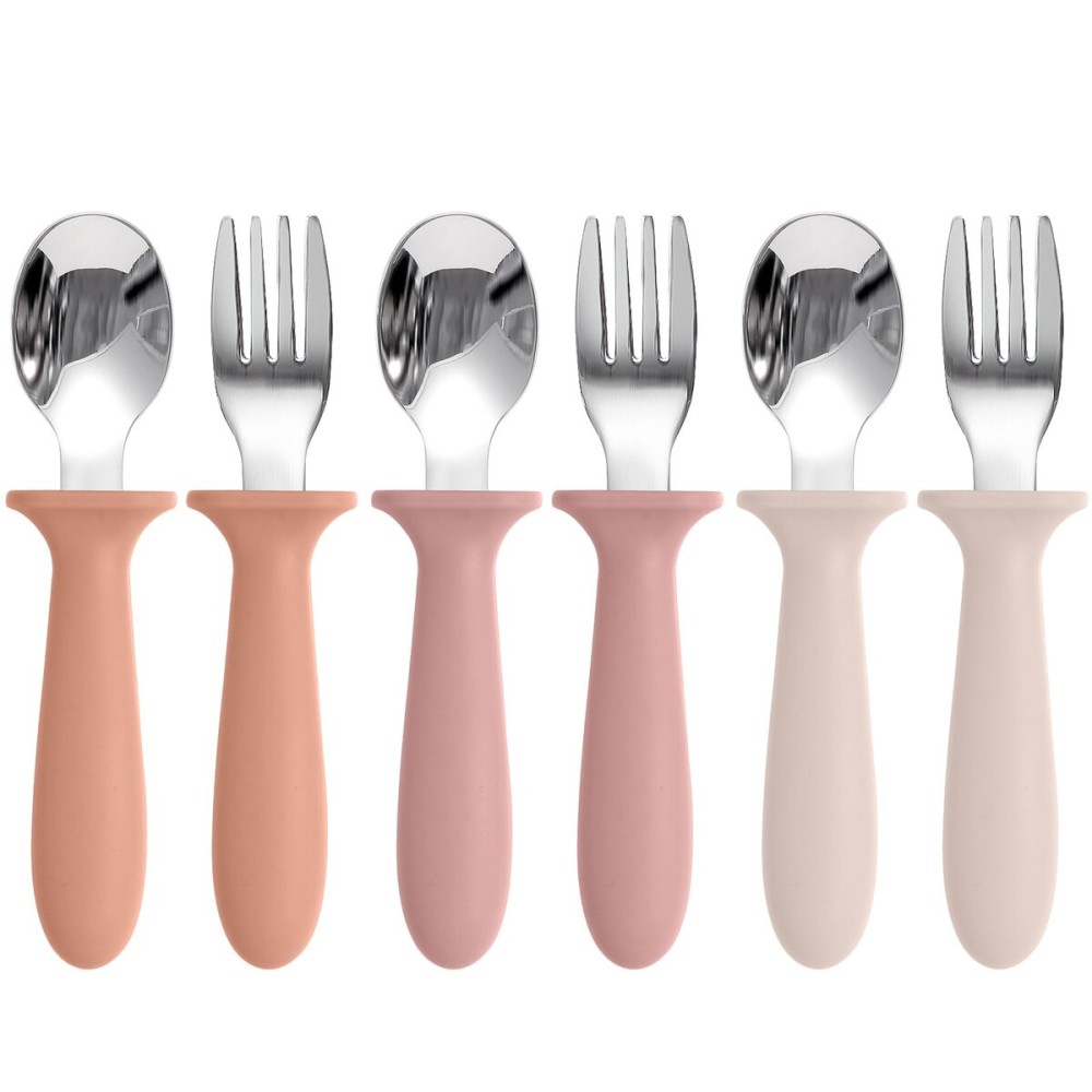 Eascrozn Toddler Spoons and Forks Set, 6 Pack Kids Silverware with Silicone Handle, BPA Free, 18/8 Stainless Steel Children Safe Toddler Utensils, Dishwasher Safe